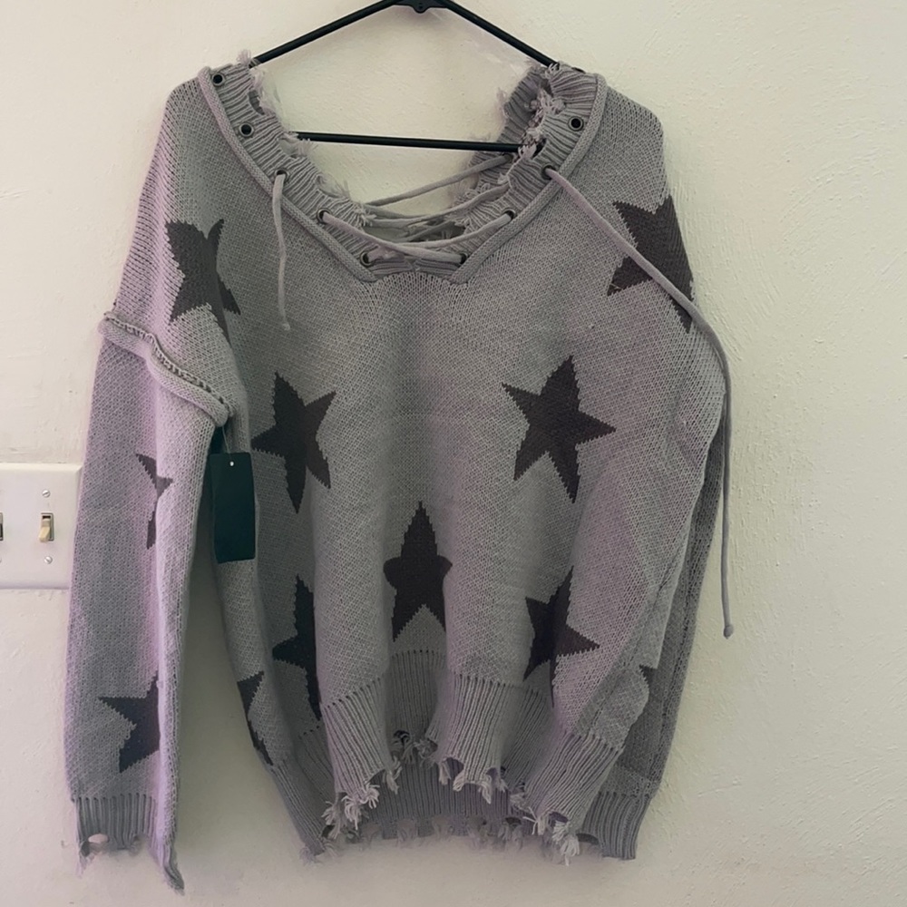 NWT POL frayed star lace up sweater